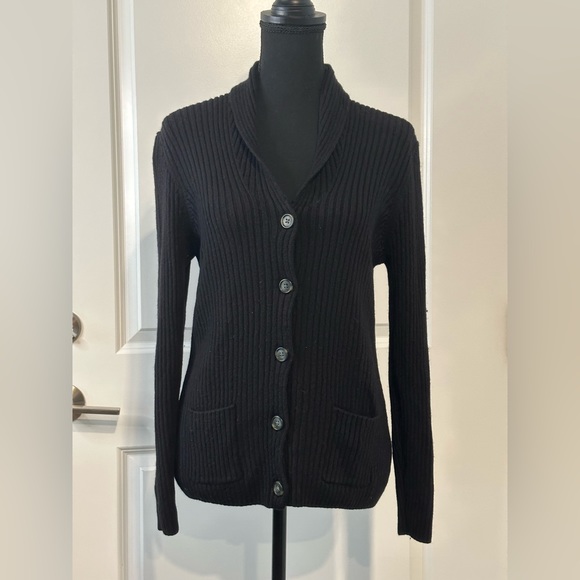 LL Bean Womens Large Cardigan 100% Merino Wool Sweater Collar Shawl Black Pocket - Picture 4 of 10